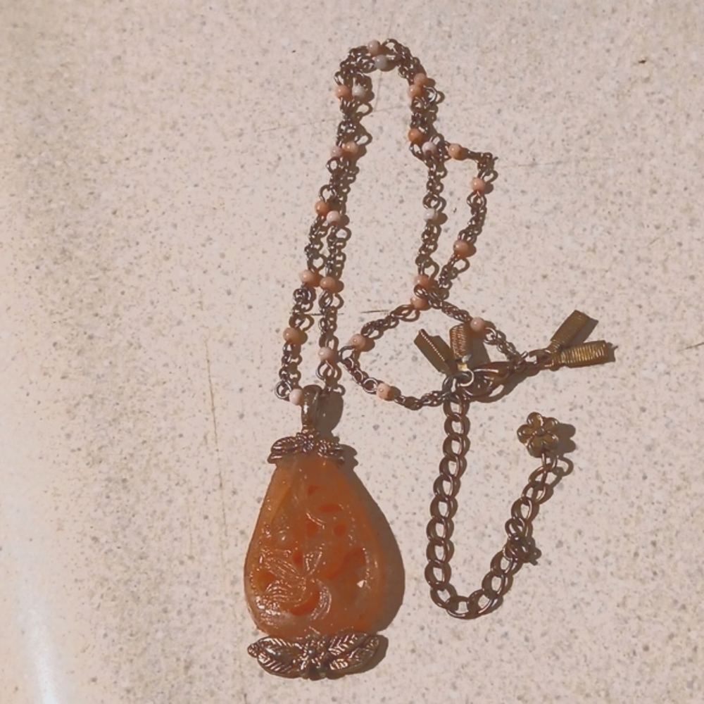 Vintage Antique? FAUX Red/Orange Jade Necklace Mix W/Real Beads Asian
